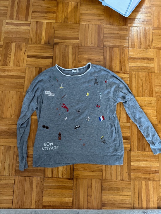 Joie Sweaters - Joie Gray Embroidered Travel Motif Crewneck Sweater